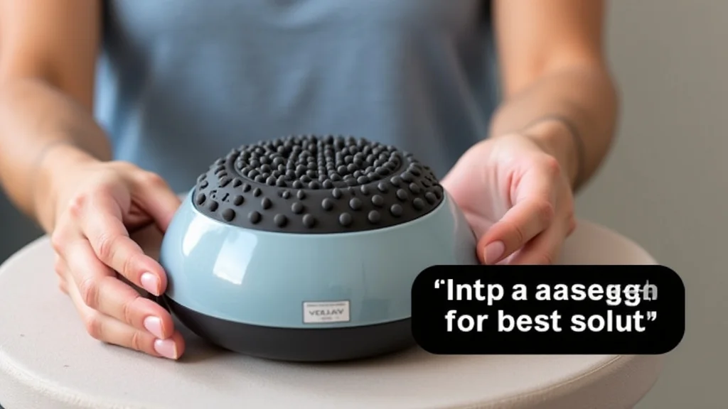 The image shows a hand gently using a scalp massager to stimulate hair growth and relaxation.
