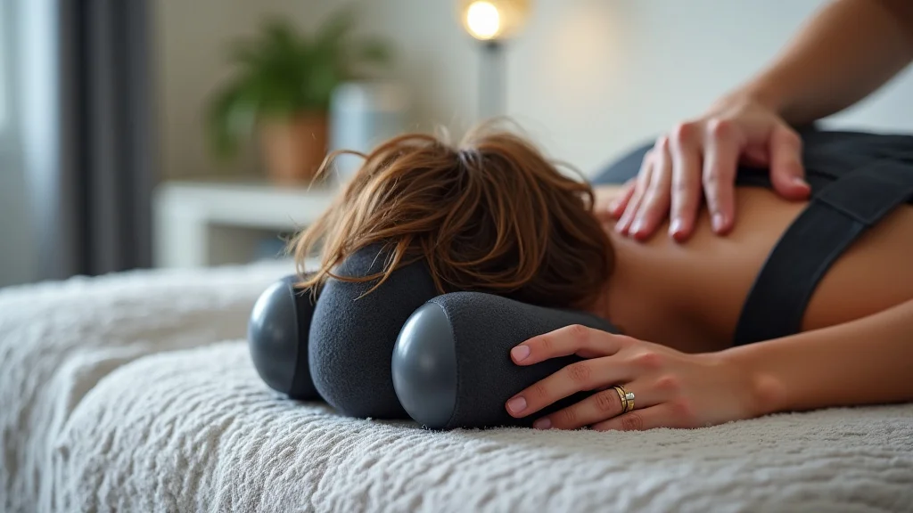 The image shows a hand using a head and scalp massager to demonstrate unlocking relaxation.